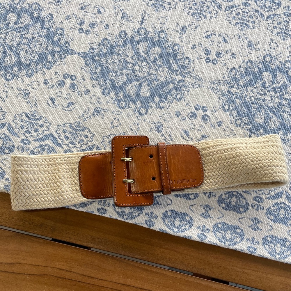 3.1 Phillip Lim Cream Woven Belt with Tan Leather Buckle
